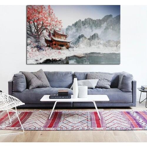 China snow temple red flower amazing winter landscape Living room bedroom home wall art decor wood frame fabric poster EX442
