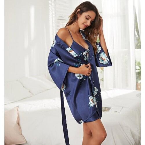 Silk Robe Sets 2 Pieces Women Sexy Camisole Dress Yellow Robe and Nightgown Sets 5 Colors Conjuntos De Pijama Summer Loungewear