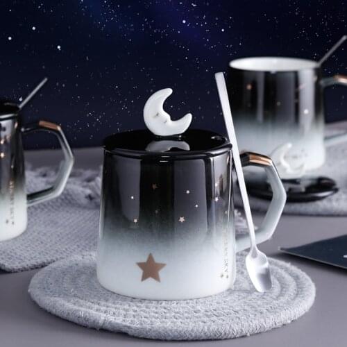 350ml Kawaii Galaxy Moon Cups Cute Ceramic Coffee Travel Mug With Lid and Spoon Creative Starry Sky Breakfast Milk Tea Water Cup