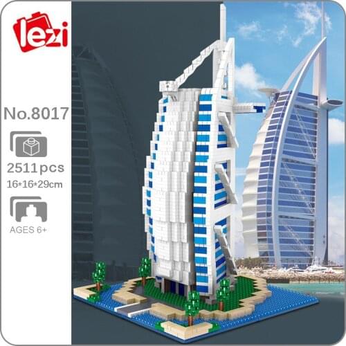 Lezi 8017 World Architecture Burj Al Arab Hotel 3D Model DIY Mini Diamond Blocks Bricks Building Toy for Children no Box