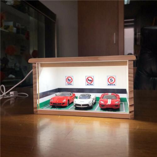 1:64 Scale Diorama Alloy Car Model Wooden Garage Parking Lot Scene With LED Light Storage Box Simple Theme Display Cabinet Toy