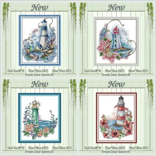 Blue lighthouse Poppy rose diy painting counted printed on the canvas DMC 11CT 14CT kits Cross Stitch embroidery needlework Sets