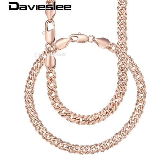 Davieslee Jewelry Set For Women 585 Light Rose Gold Filled Bracelet Necklace Hammered Venitian Chain 5mm LGS280