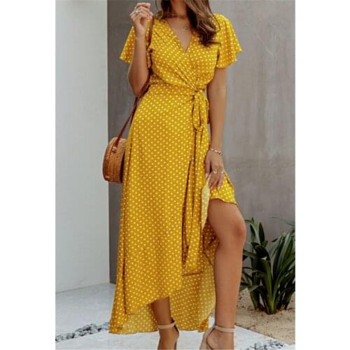 Women Polka Dot Maxi Dress Casual Vintage Office Lady V-Neck Lace-up Long Dress Fashion Female High Waist Ruffled Dress