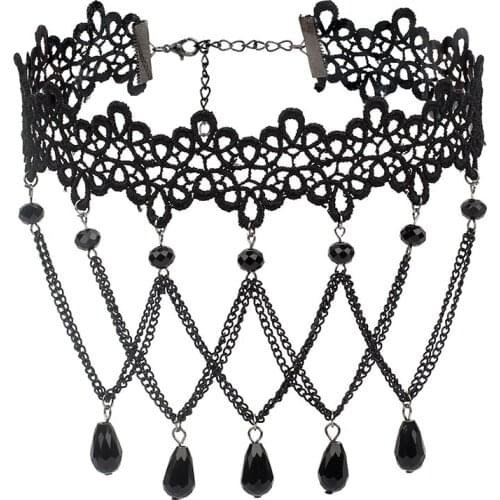 Poputton Sexy Black Lace Tassel Necklace for Women Jewelry Collar Vintage Party Dress Chokers Punk Necklaces for Women