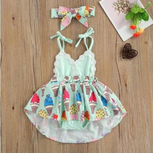 Baby Girl’s Casual Suspender Romper Fresh Ice Cream Printed Hem Backless Jumpsuits and Headband