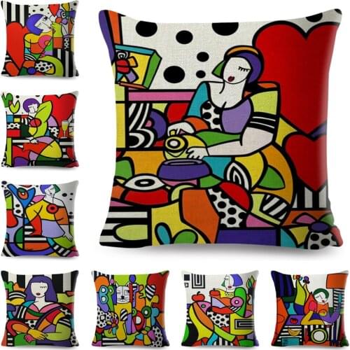 Colorful Abstract Art Painting Cushion Cover for Sofa Home Car Decor Geometric Cartoon Girl Pillowcase Polyester Pillow Case