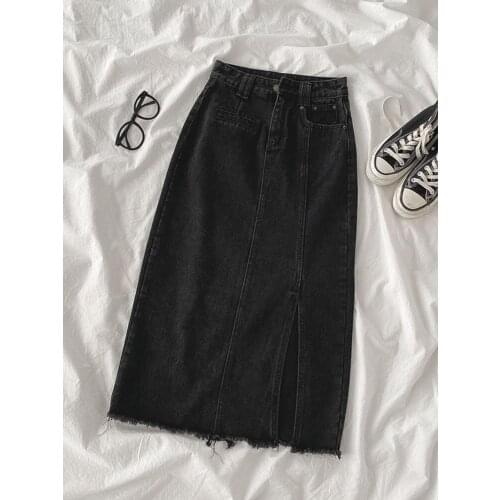 Vintage Denim Women Skirts Summer New Design 2021 Hihg Waist Black Straight Knee-Length Casual All Match Female Skirts