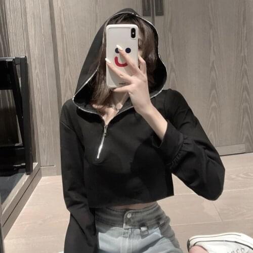 Women 2021 Spring Autumn Fashion Thin Hooded Sweatshirt Female Long Sleeve Hoodies Ladies Sexy Solid Color Short Blouses W175