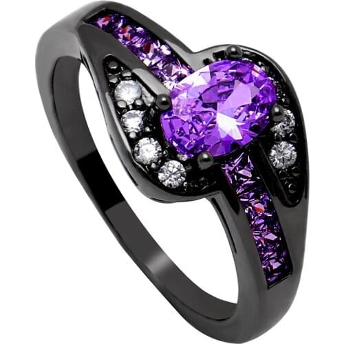 Female Purple Oval Ring Fashion White & Black Gold Filled Jewelry Vintage Wedding Rings For Women Birthday Stone Gifts