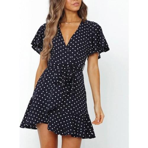Women Polka Dot Casual Dress V Neck Ruffles A Line Dress Summer Butterfly Short Sleeve Boho Beach Mini Dress Lady Vestidos Mujer