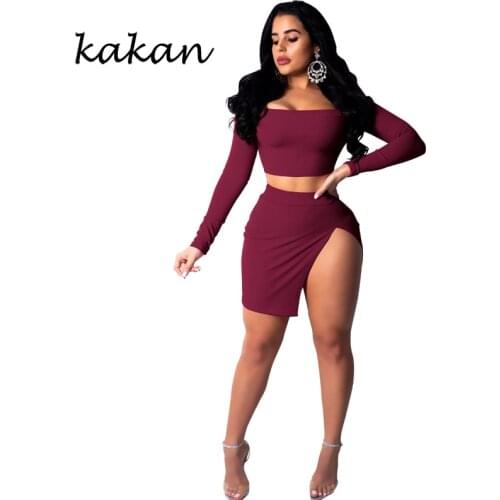 Kakan 2019 spring new womens dress two-piece sexy party high split dress burgundy black dress