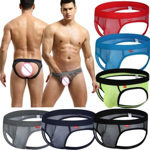 1/3/6PCS Mesh Holes Gay Sexy Underwear Mens Bikini Briefs Jockstraps Pouch Man Panties Thongs Backless Underpants Exotic Shorts