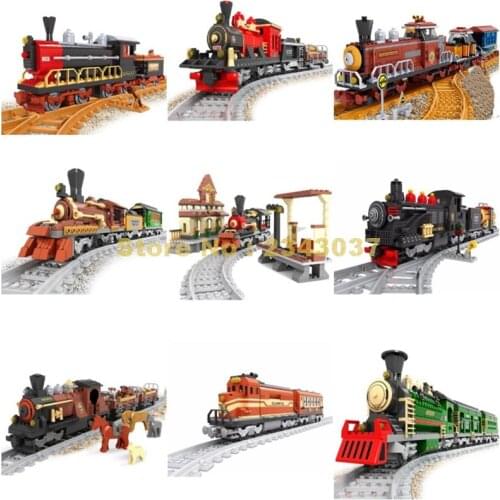 Ausini city old classic train station building blocks Toy