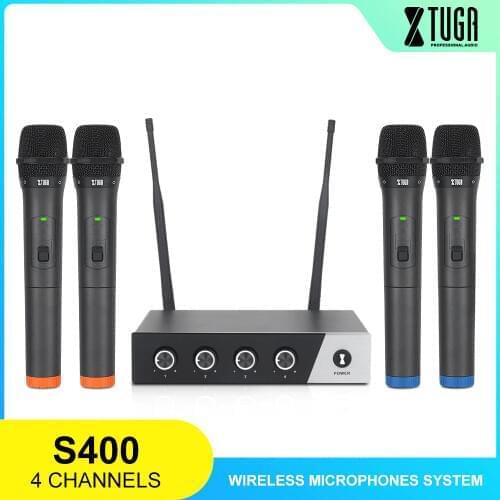 XTUGA S400 Wireless Microphone System, 4-Channel UHF Cordless Mic Set With Four Handheld Mics,Used for Church,Karaoke,Weddings