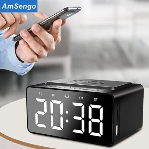 Amsengo Phone Wireless Charger With Electric Digital Alarm Clock Desktop Mirror Table Clocks Bluetooth Speaker Time Led Display