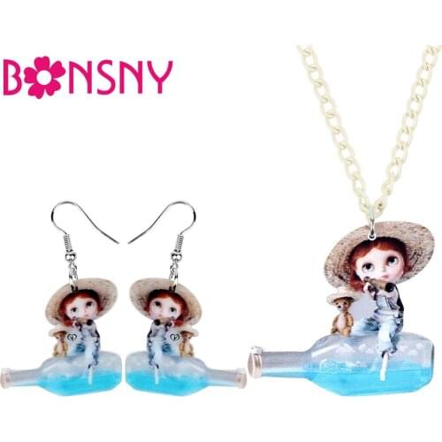 Bonsny Acrylic Drifting Bottles Sweet Girl Doll Toy Jewelry Sets Earrings Necklace For Women Girls Kid Gifts Charms Accessories