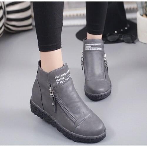 Boots Women Plus Size Retro Leather Ankle Zipper Womens Boots Casual Round Toe Low-Heele Non-Slip Roman Short Botas Mujer 35-40