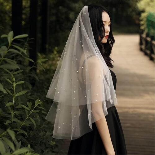 Wedding Veil Short Bridal Veil with Pearls Crystal Face-Covered Two-Layer Comb velo de novia White Ivory Bridal Accessories