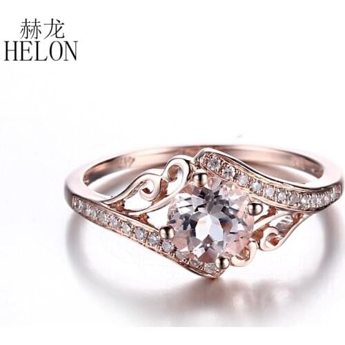 HELON 6mm Round 0.96ct Morganite Diamond Ring Solid 14K Rose Gold Engagement Wedding Women Fine Jewelry Natural Diamonds Ring