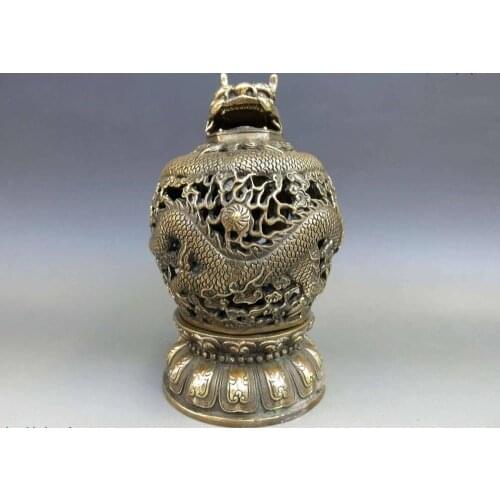 China copper brass carved dragon hollow out Incense burner censer Statue