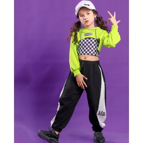Girls Hip Hop Costume Green Hoodie Sweatshirt Crop Top T Shirt Vest Casual Pants Kids Jazz Dance Carnival Clothes Streetwear