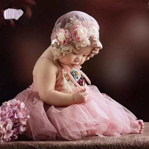 Baby Girl Photography Lace Hat+Dress Sets Props Infant 1st Birthday Picture Photo Shoot Pink Dresses Clothes bebe foto Prop
