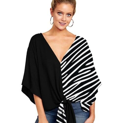 Summer Knot Front Women Shirt Casual V Neck Short Sleeve Tee Print Top Shirts Loose Sexy Clothes Vintage Print New All-Match