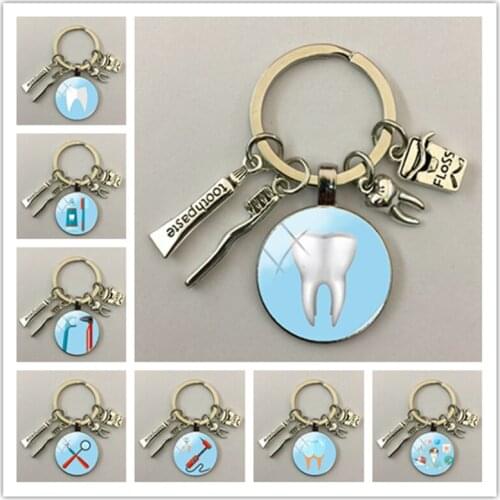 Dental care tool keychain glass cabochon keychain nurse gift medical jewelry keychain
