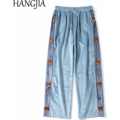 Mens Striped Velvet Patchwork Wide Leg Sweatpant Bear Embroidery Printing Loose Casual Velour Trousers Women Streetwear Clothes