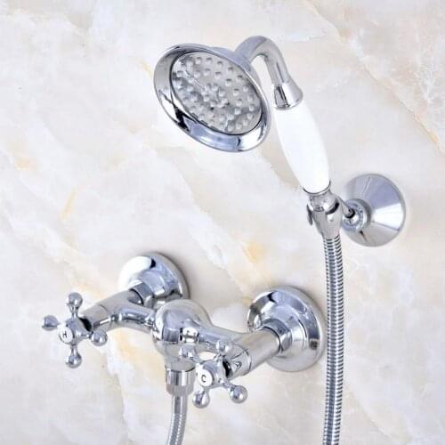 Wall Mount Polished Chrome Brass Bathroom Two Cross Handles Hand Shower Faucet Mixer Tap Set Telephone Shape Hand Spray ana776