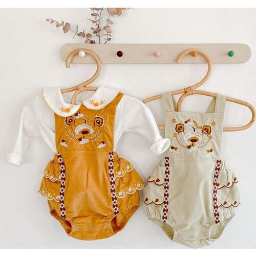 New Spring Autumn Infant Baby Girls Embroider Braces Rompers + T-shirt Clothing Kids Girl Long Sleeve Rompers Clothes