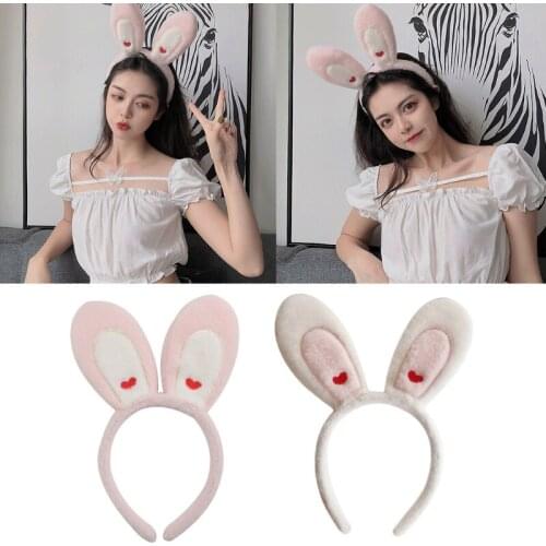 Women Girls Lovely Rabbit Ears Plush Headband Red Heart Embroidery Bunny Animal Hair Hoop Wash Face Makeup Bathroom Bandana
