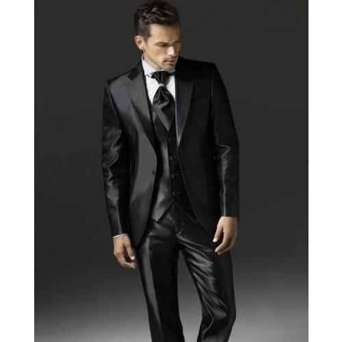 Jacket+Pants+Vest) Handsome Vintage Black 3 Piece Groom Tuexdos For Wedding Formal Prom Suit Party Evening Blazer Custom Made