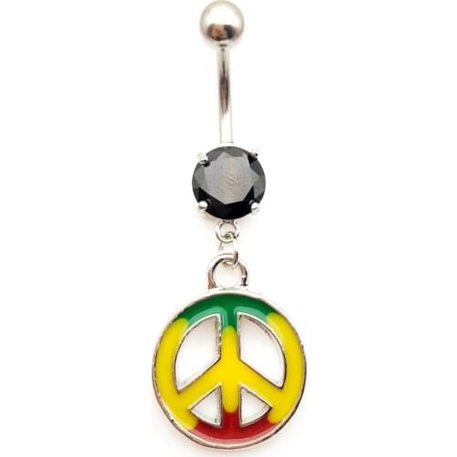 Handmade Peace Logo Totem Cross Sign Dangle Navel Belly Button Ring for Women Men Steel Crystal Barbell Navel Banana Piercing