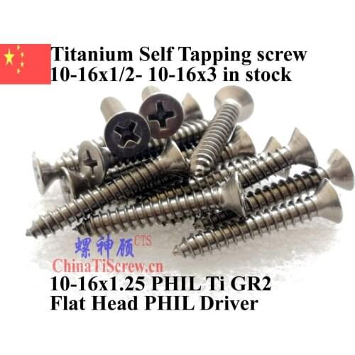 Titanium screws 10x1.25 Flat CSK Head 2# Phillis Driver Self Tapping Ti GR2 Polished 50 pcs