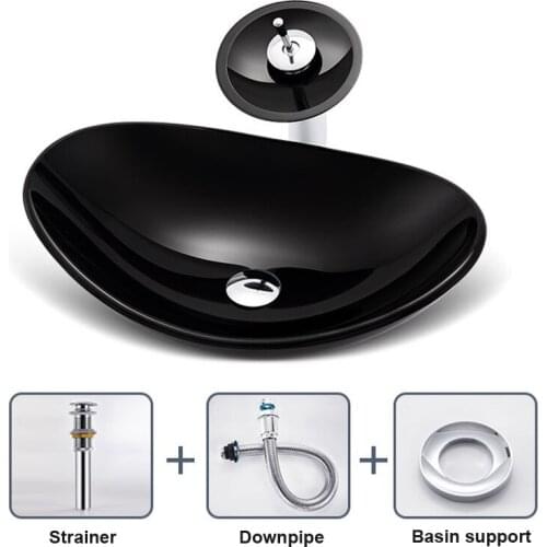 Black Tempered Glass Bathroom Mixer Basin Washbasin Brass Faucet Set Oval Washroom Basin Vessel Vanity Sink w/ Drain