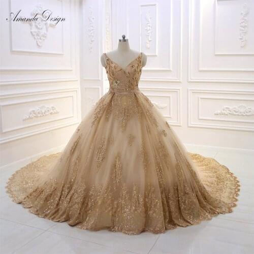 Amanda Design abendkleider 2019 V-Neck Lace Appliqued Beading Gold Wedding Dress with Wraps