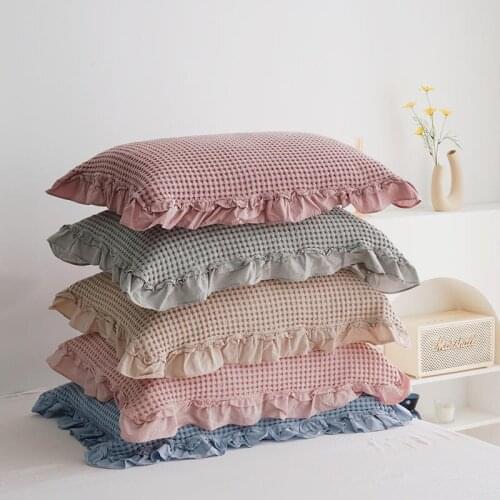 Korean Style Waffle Pillow Towel with Ruffles 32S Cotton Pure Color Soft for Home Hotel Travel on Sofa 2pcs 55*80cm Pillow Cover