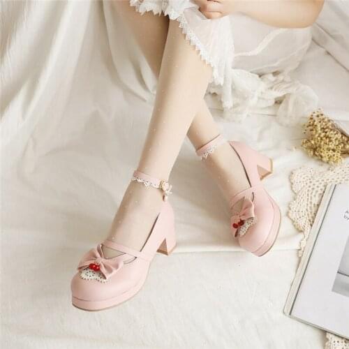 COOLULU Women Shoes Platform High Heels Bow Thick Heel Dress Pumps Buckle Ankle Strap Ladies Footwear Lolita Spring Big Size 46