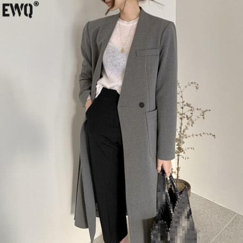 [EWQ] Temperament Fashion Solid Color Blazer Womens Autumn 2021 Casual New V-neck Loose Long Sleeve Split Suit Coat 5E2934