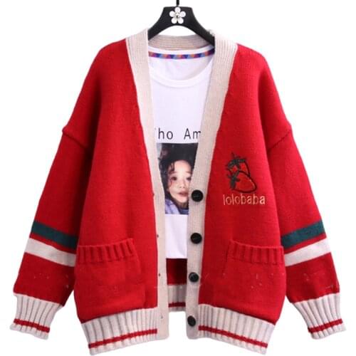 Spring New Strawberry Embroidery Female Cardigan Sweater Mid-Long Harajuku Loose V Neck Knitshirt Sweater Coat For Women