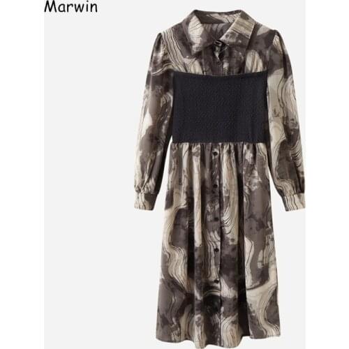 Marwin New-Coming Winter Loose Floral Full Sleeve High Street Style Square Collar Mid-Calf Length Women Dresses