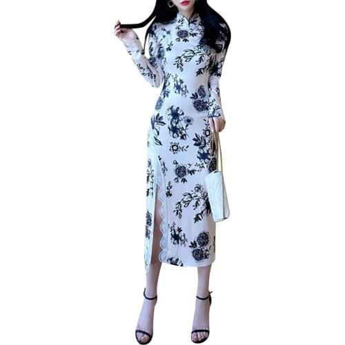 Womens Long Sleeve High Slit Modern Cheongsam Elegant Chinese Ink Painting Modern Qipao Tea Length Evening Dress