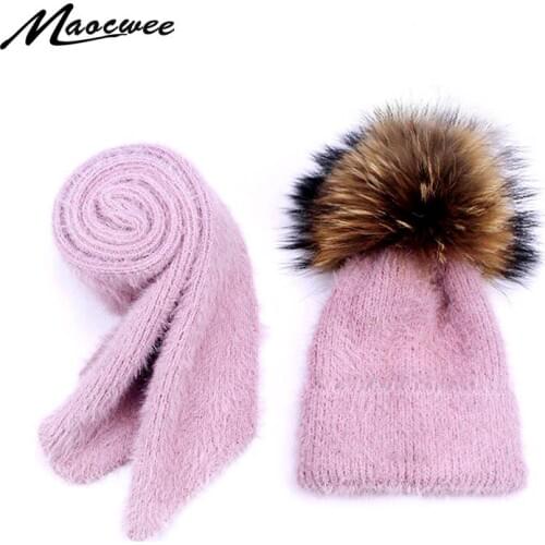 Winter 2 Pieces Set Mink Hair Hat Scarf For Children And Women Hat With Real Raccoon Fur Pom Pom Beanies Warm Knitted Soft Cap