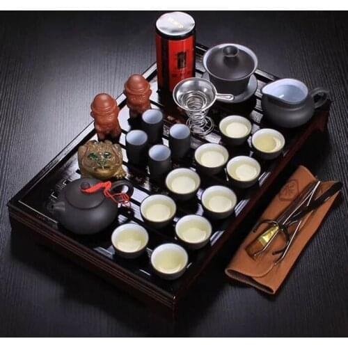 26pcs Chinese kung fu tea set porcelain tray purple grit ceramic teapot for the tea cups with saucers solid wood