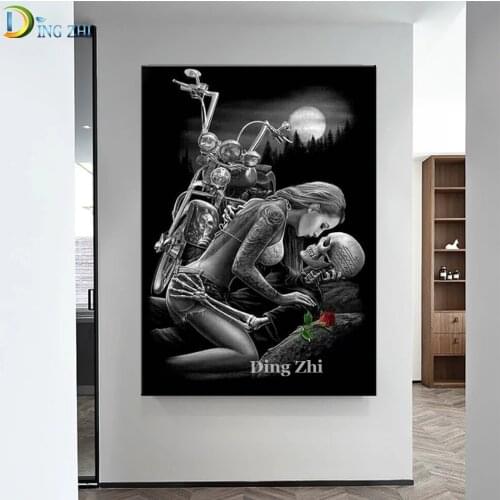 5D Diamond Painting Full Square Round Drill Sexy Woman With Skull Motorcycle Diy Embroidery Mosaic Cross Stitch Decor Poster