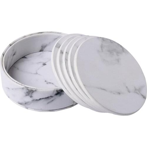 6 Pcs Coasters Marble Pu Leather Round Heat Insulation Table Placemat Drink Coasters Cup Mats For Home Table Kitchen Decor