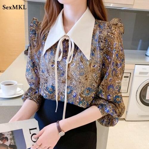 New Fashion Long Sleeve Blouses Women 2021 Vintage Puff Sleeve Printed Chiffon Shirts French Elegant Sexy Loose y2k Ladies Tops