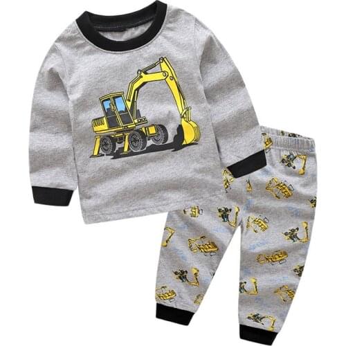 27kids Boys Cotton Pajamas Sets Toddler Babys Home Clothes Cartoon Excavator Pattern Long Sleeve kids Sleepwear 2-7Years